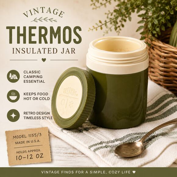 Thermos Handbags - Vintage Olive Green Thermos Insulated Jar Model 1155/3 Mid Century Food Thermos